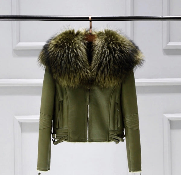 Green fur bomber jacket